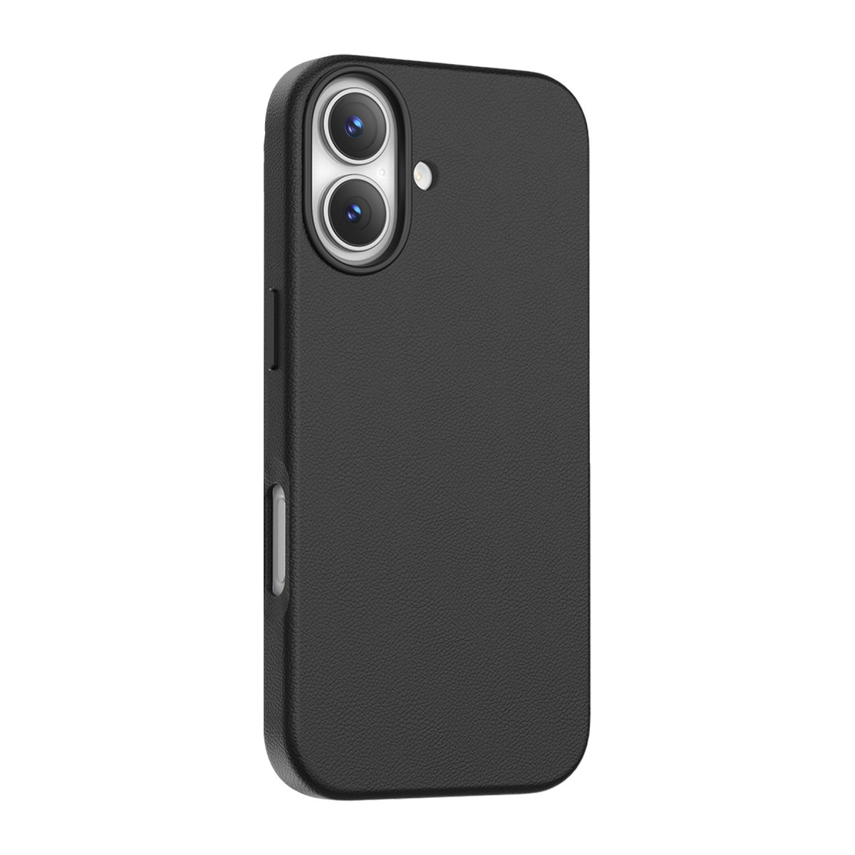 Beyaz arka planda dikey çift kamera modüllü ve flaşlı siyah deri akıllı telefon kılıfı.