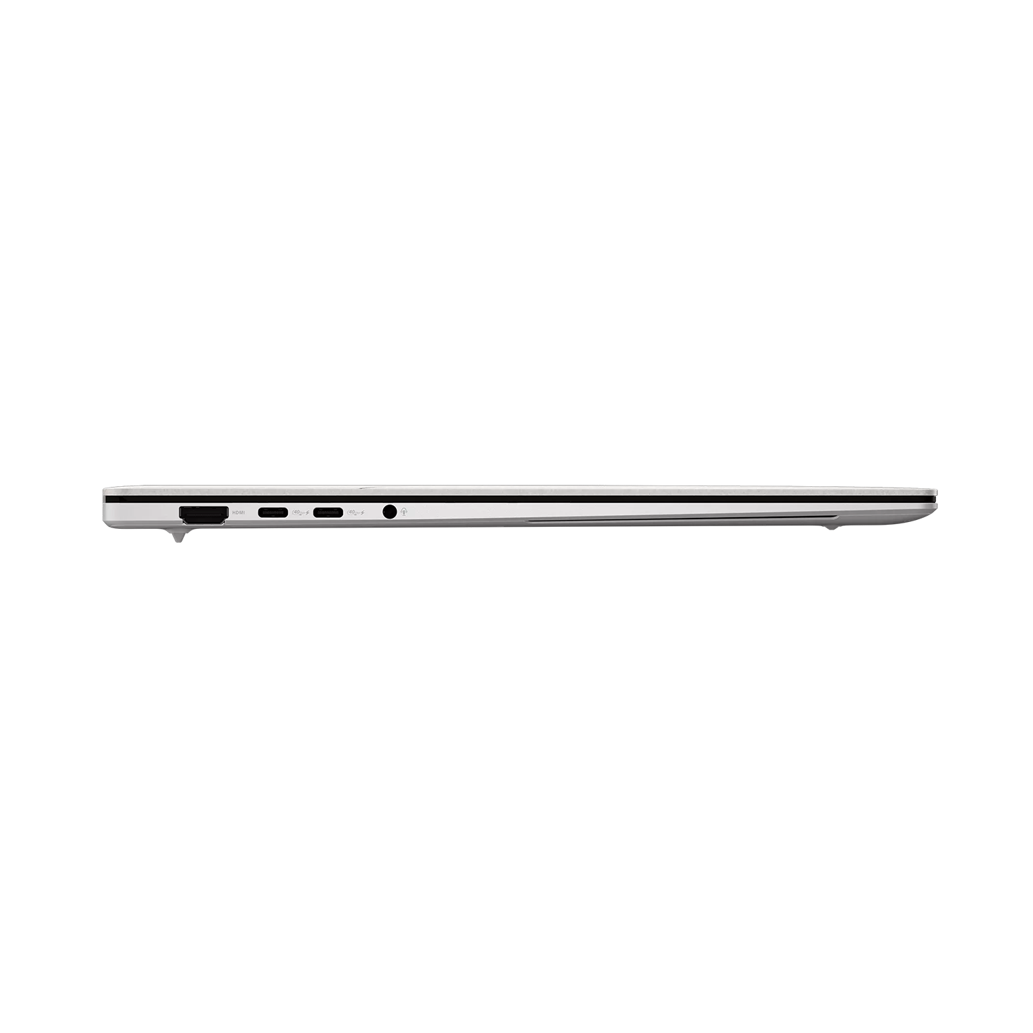 Beyaz arka planda HDMI ve USB-C bağlantı noktalarını gösteren gümüş renkli dizüstü bilgisayarın yan görünümü.