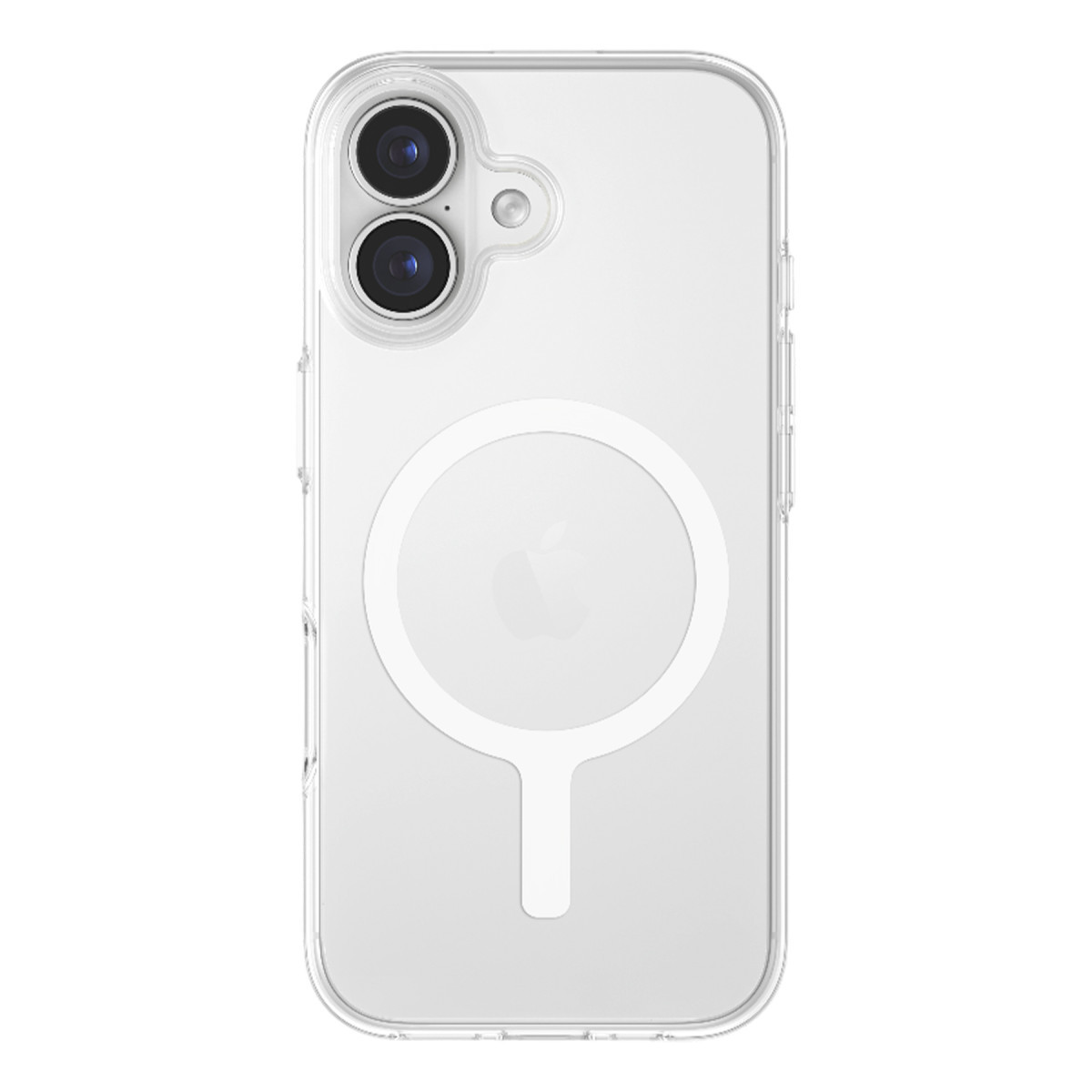 Arkada iki dikey kamera için kesik ve MagSafe halkasına sahip şeffaf iPhone kılıfı.