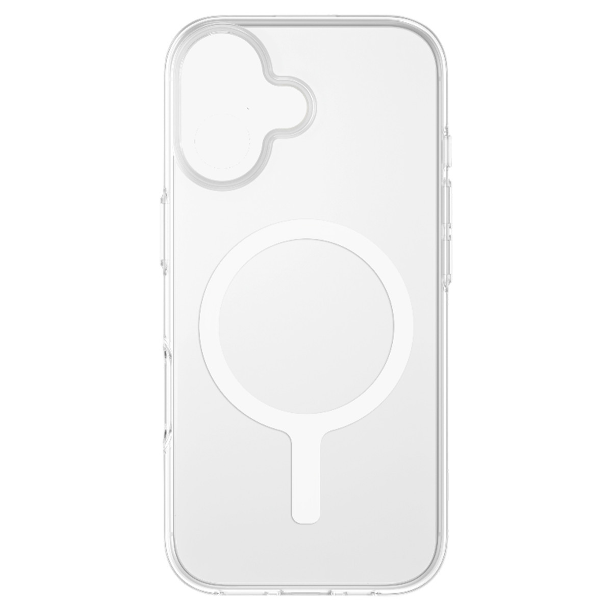 Beyaz arka planda MagSafe halkalı ve kamera kesikli şeffaf telefon kılıfı.