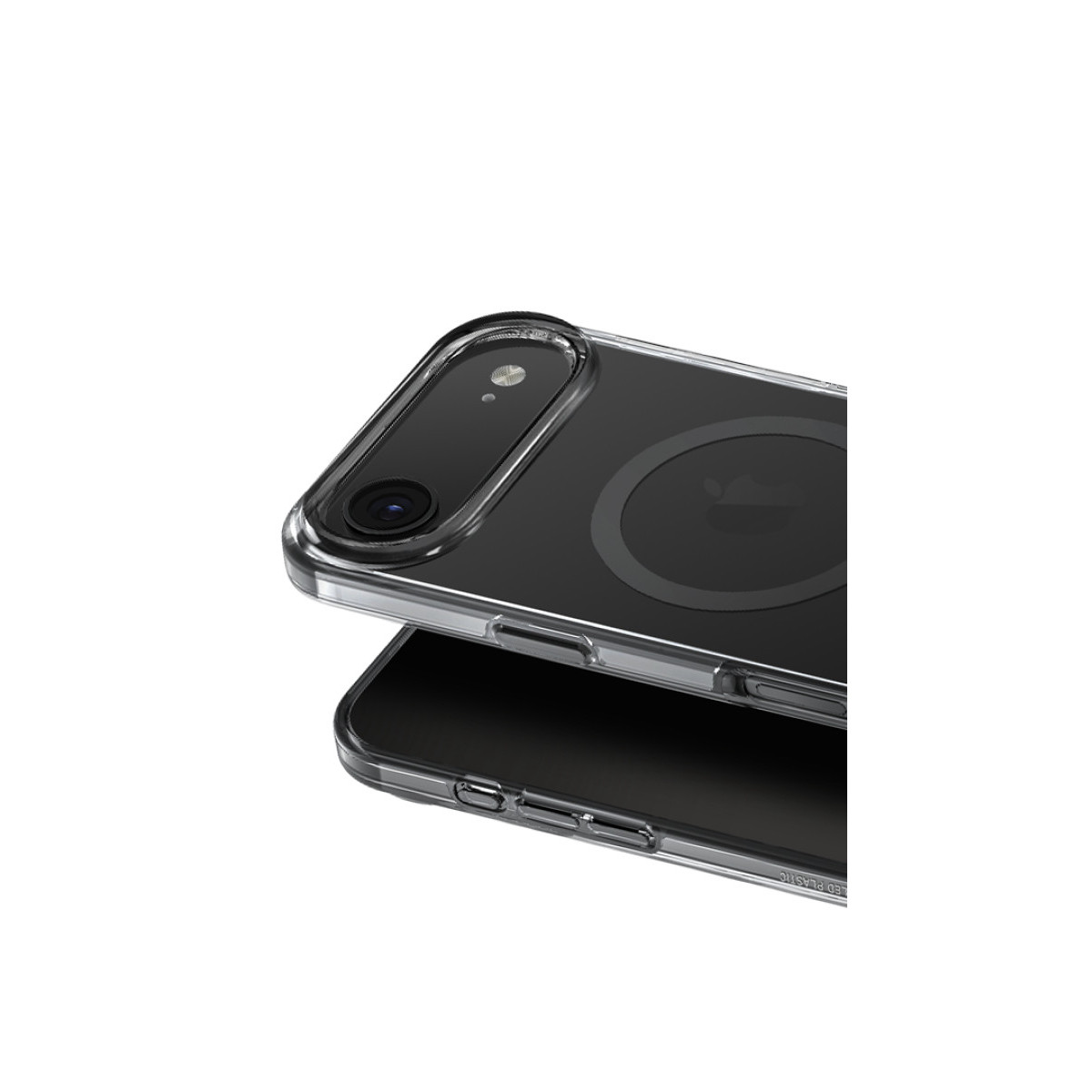 Beyaz arka planda MagSafe halkalı şeffaf kılıflar içinde iki siyah telefon.