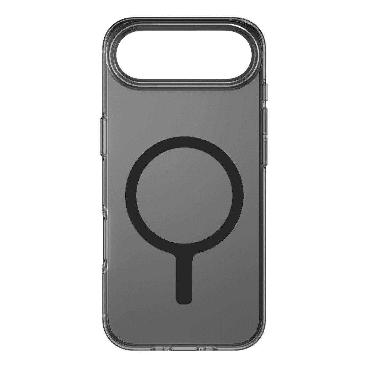 Arkada siyah MagSafe halkası ve üstte büyük kamera kesimi olan şeffaf telefon kılıfı.
