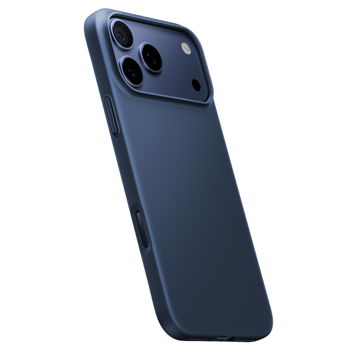 Arkasında üçlü kamera bulunan uyumlu koruyucu kılıf içindeki koyu mavi akıllı telefon.