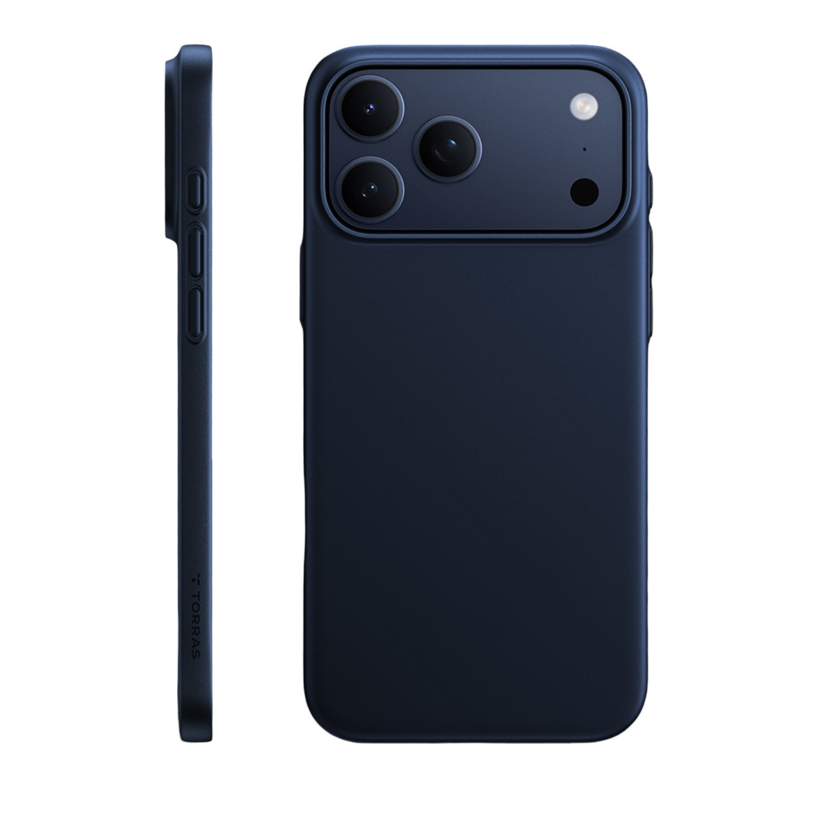 Kamera modüllü arka ve düğmeli yan görünümüyle koyu mavi koruyucu telefon kılıfı.