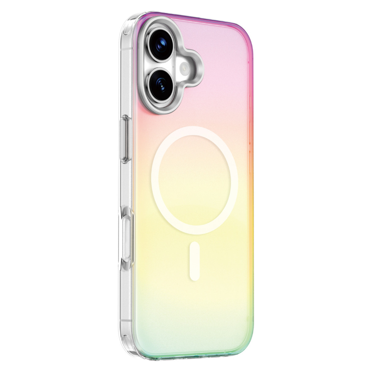 Pembe, sarı ve yeşil geçişli, beyaz MagSafe halkalı telefon kılıfı.
