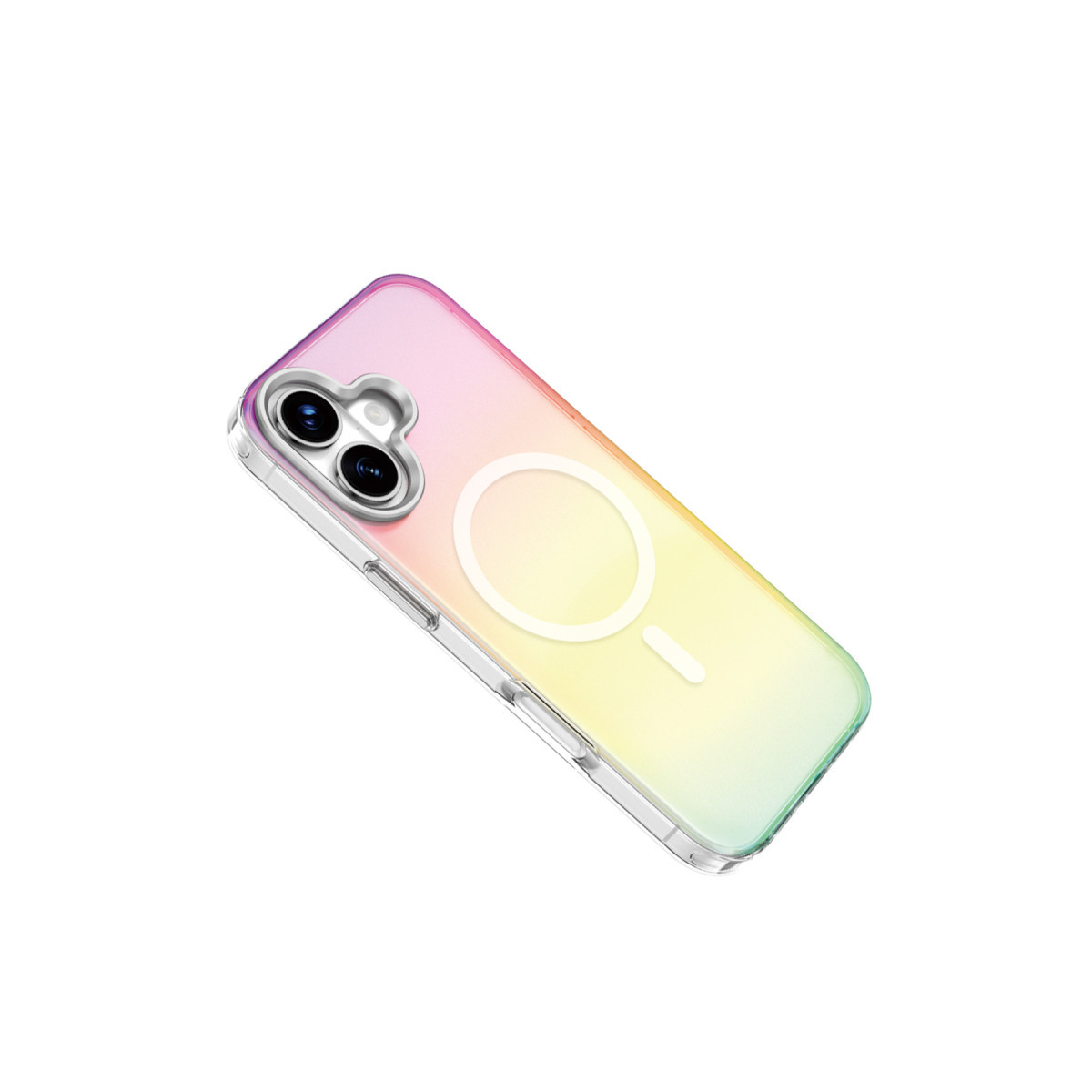 Beyaz arka planda MagSafe daireli pastel gökkuşağı renginde telefon kılıfı.