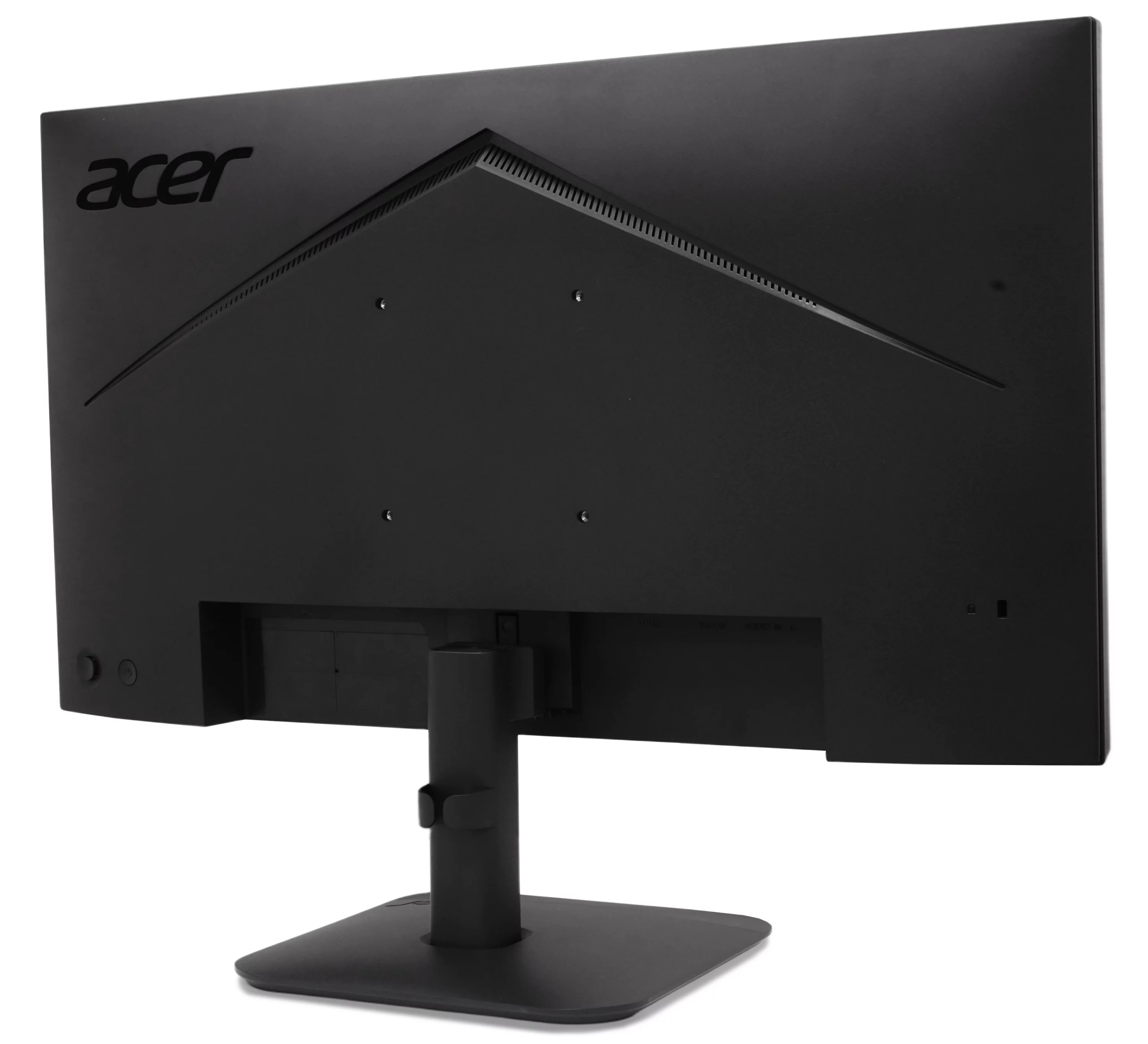 Vista posteriore di un monitor nero Acer con supporto su sfondo bianco.