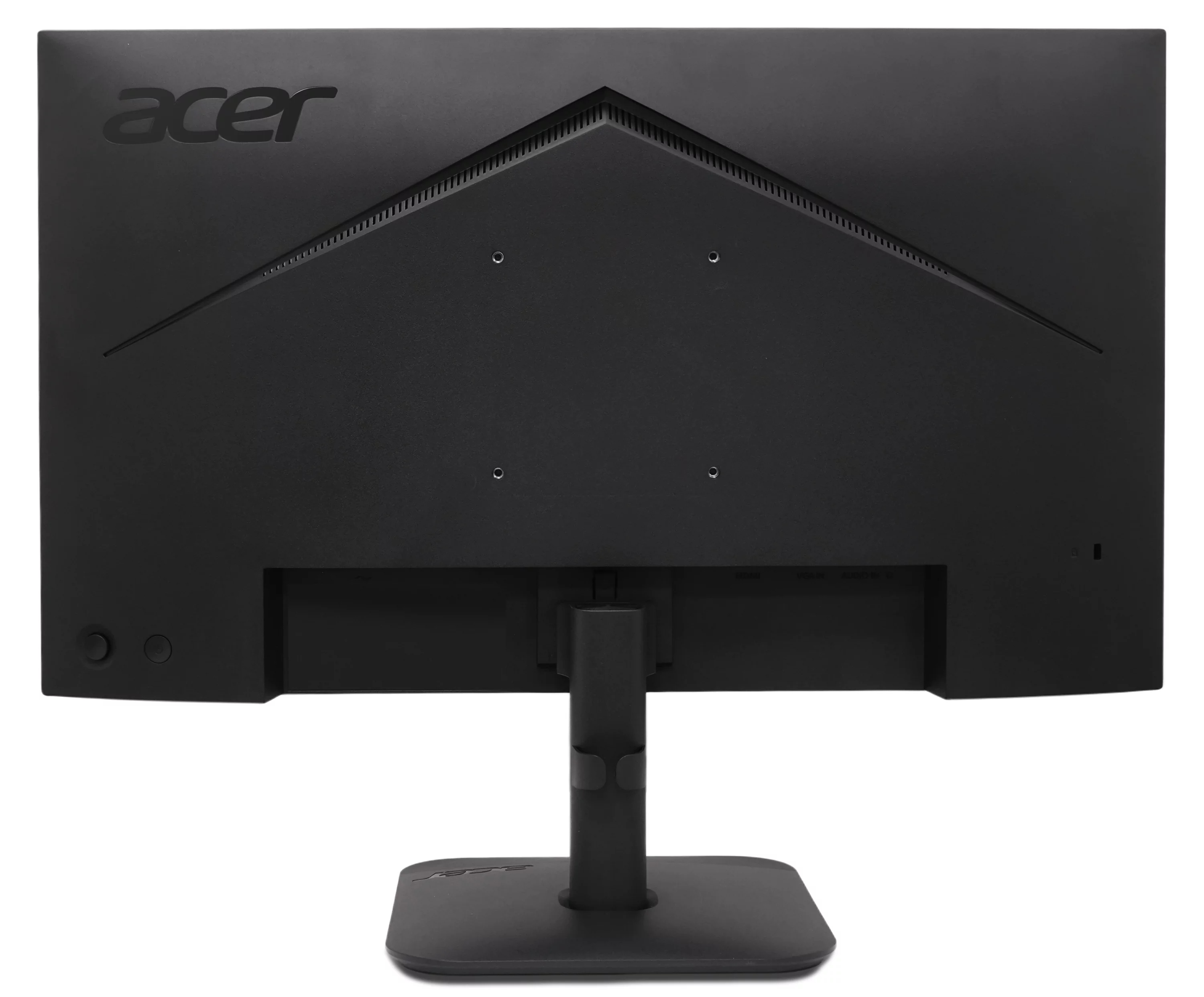 Vista posteriore di un monitor nero Acer con supporto su sfondo chiaro.