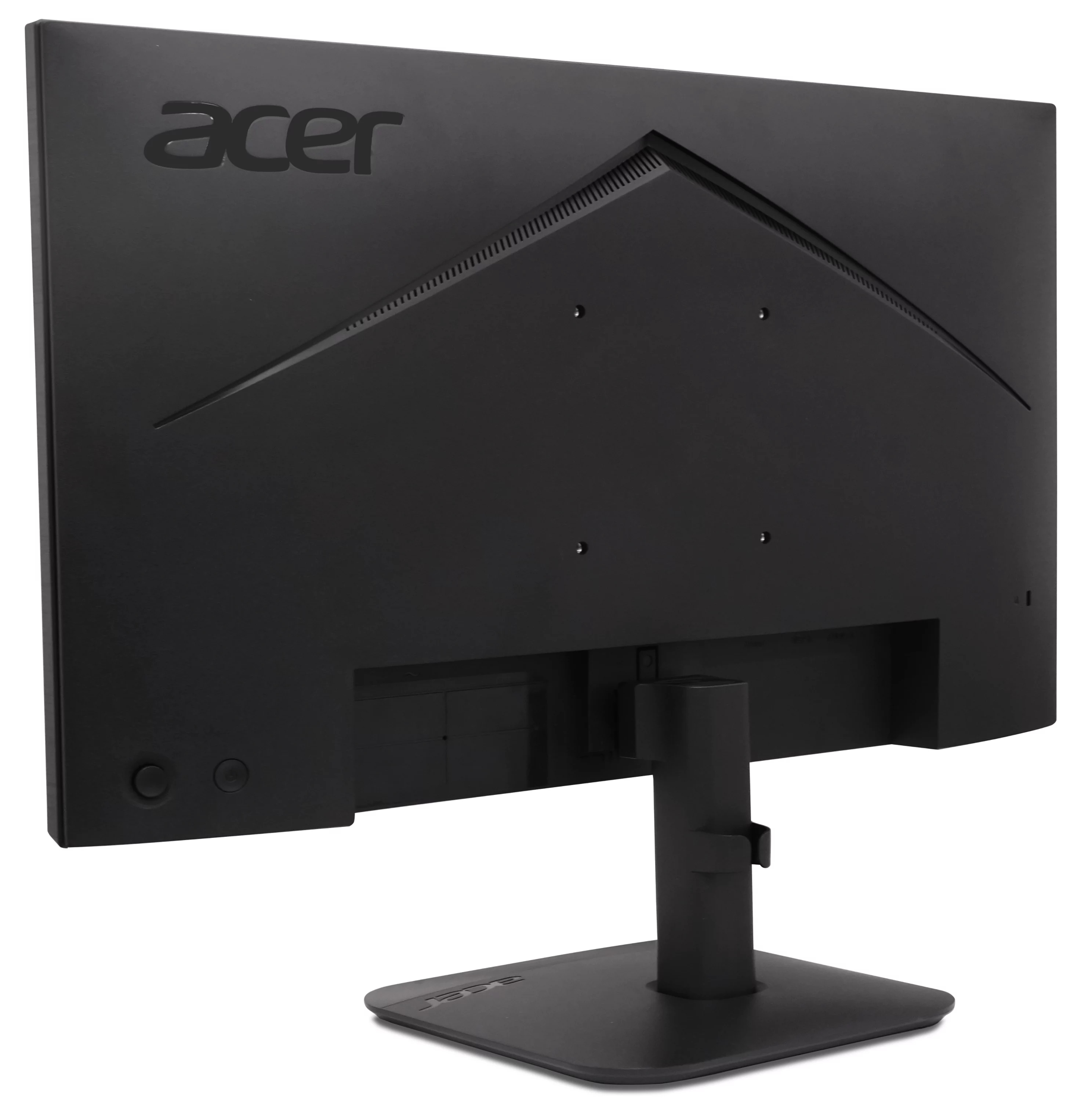 Vista posteriore di un monitor per computer Acer nero su supporto, su sfondo bianco.