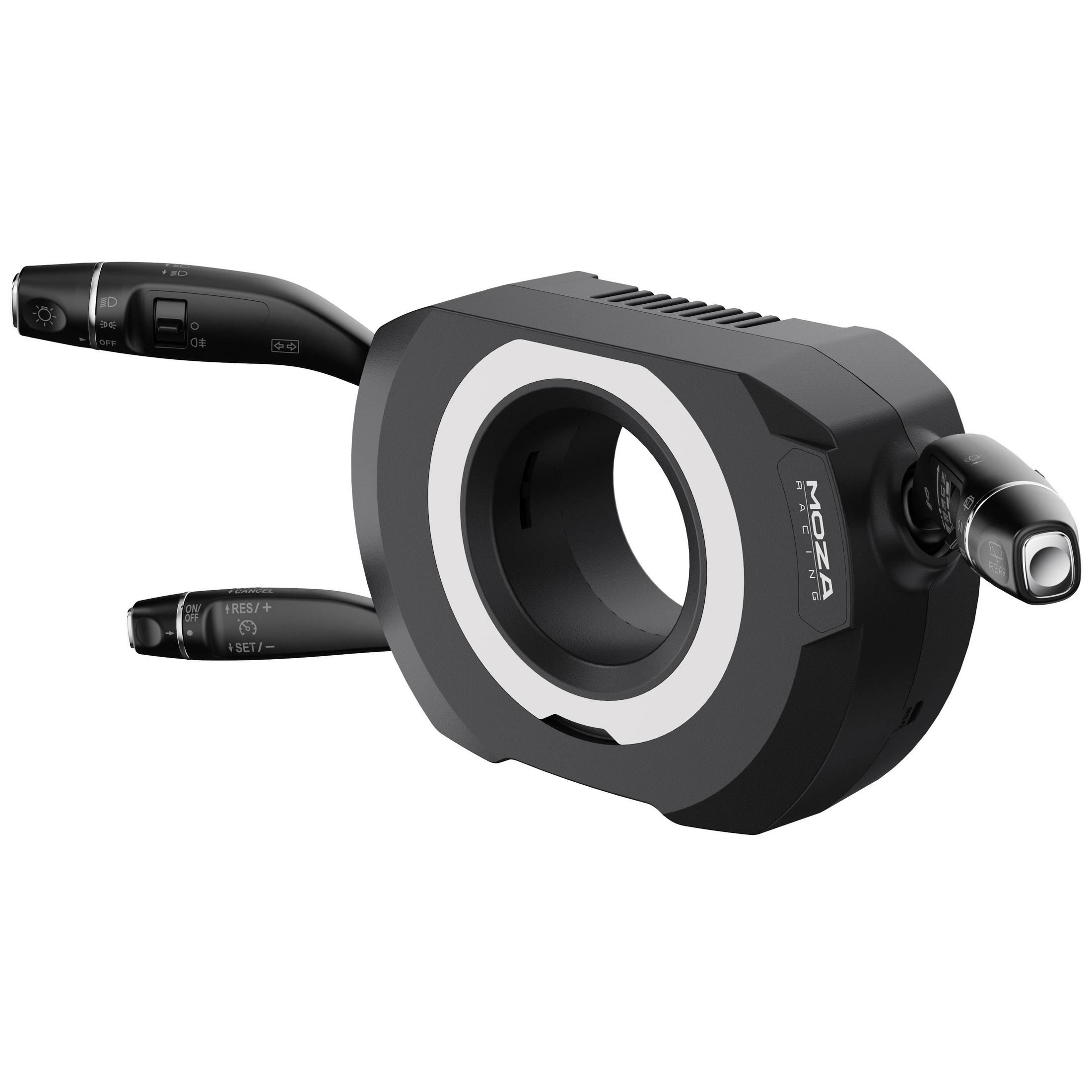 Black Moza multi-function stalk switch set with three levers and a white accent ring on a white background.