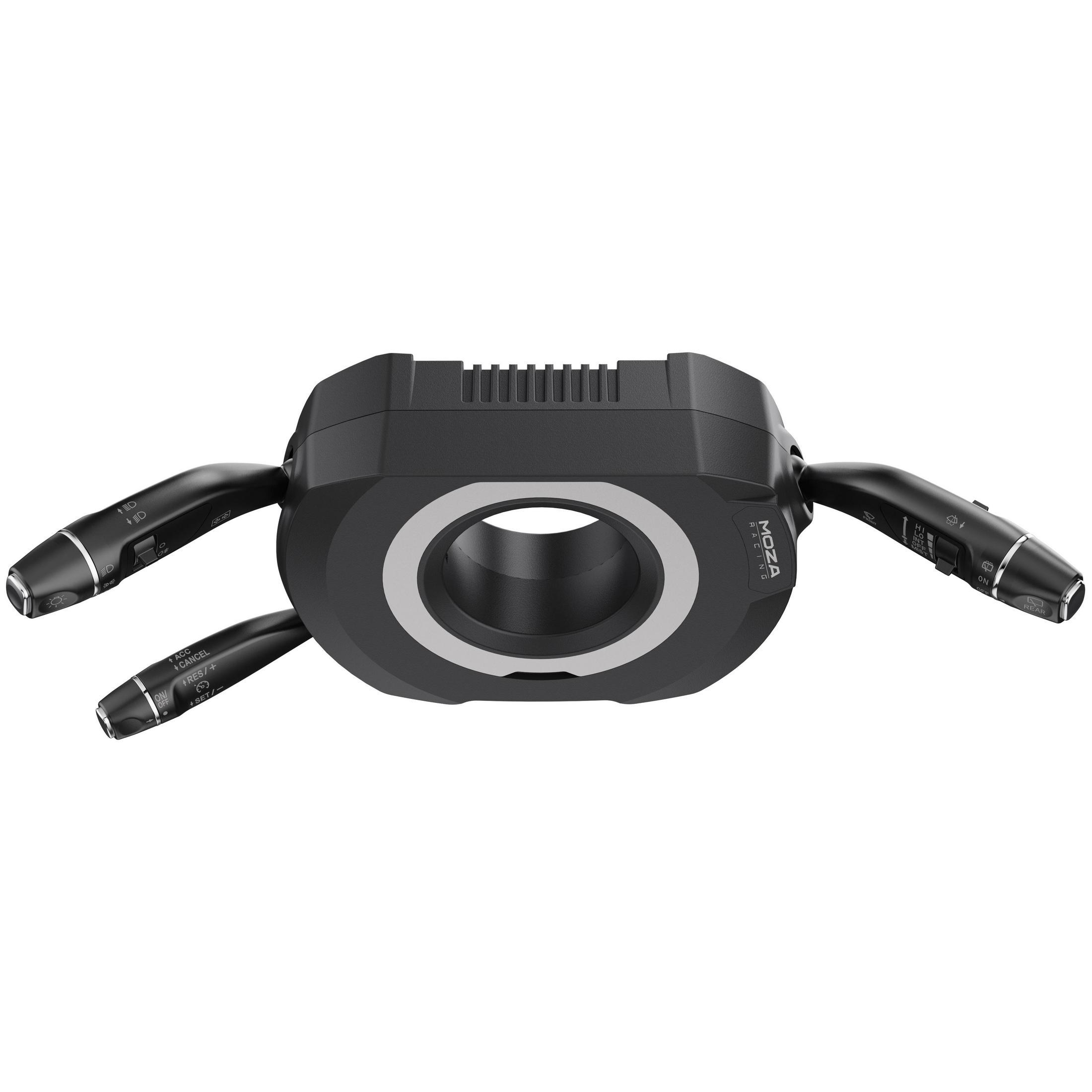 Black Moza Racing steering column module with three levers and a central opening on a white background.