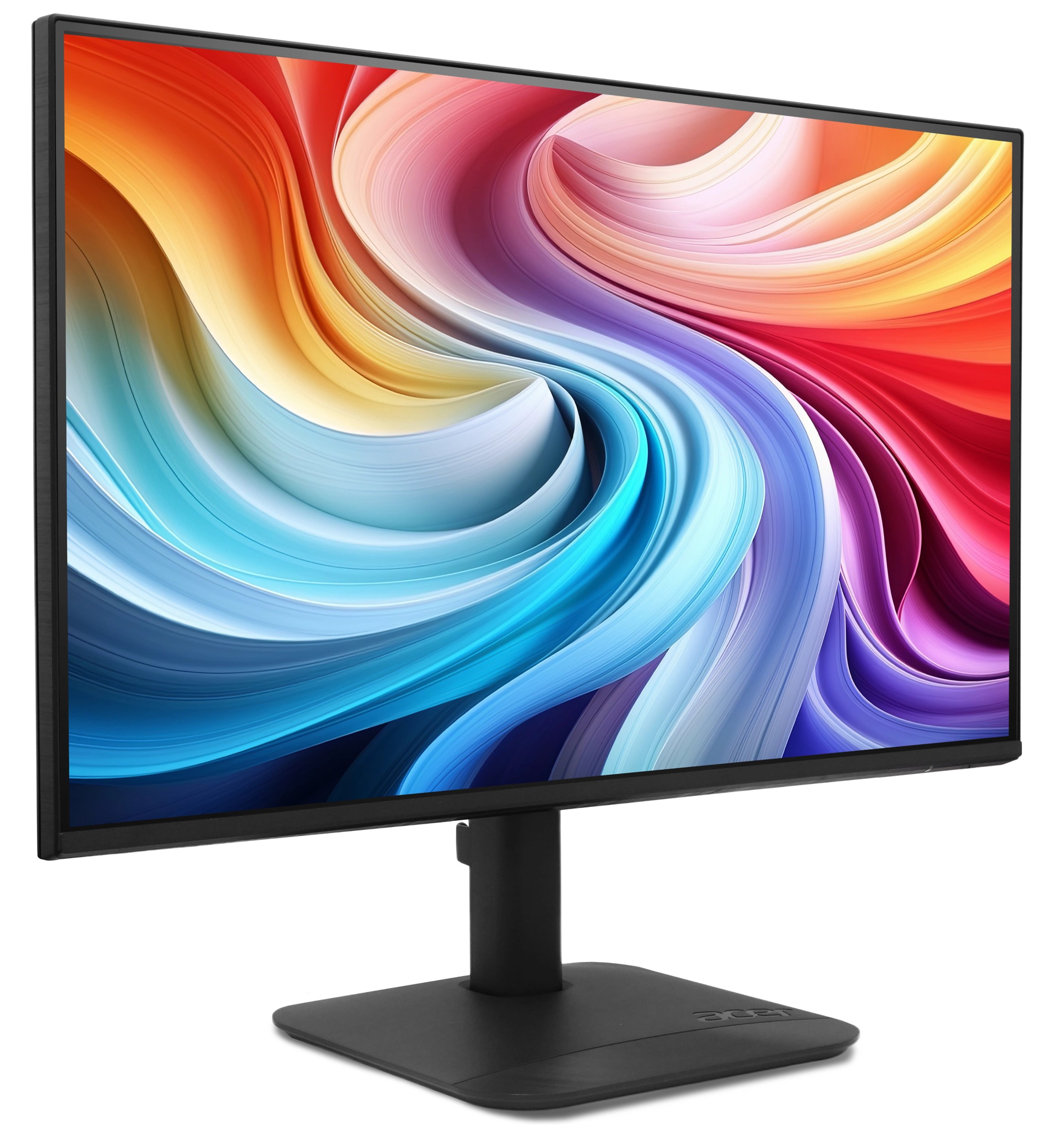 Un monitor nero mostra uno sfondo colorato e ondulato su sfondo bianco.