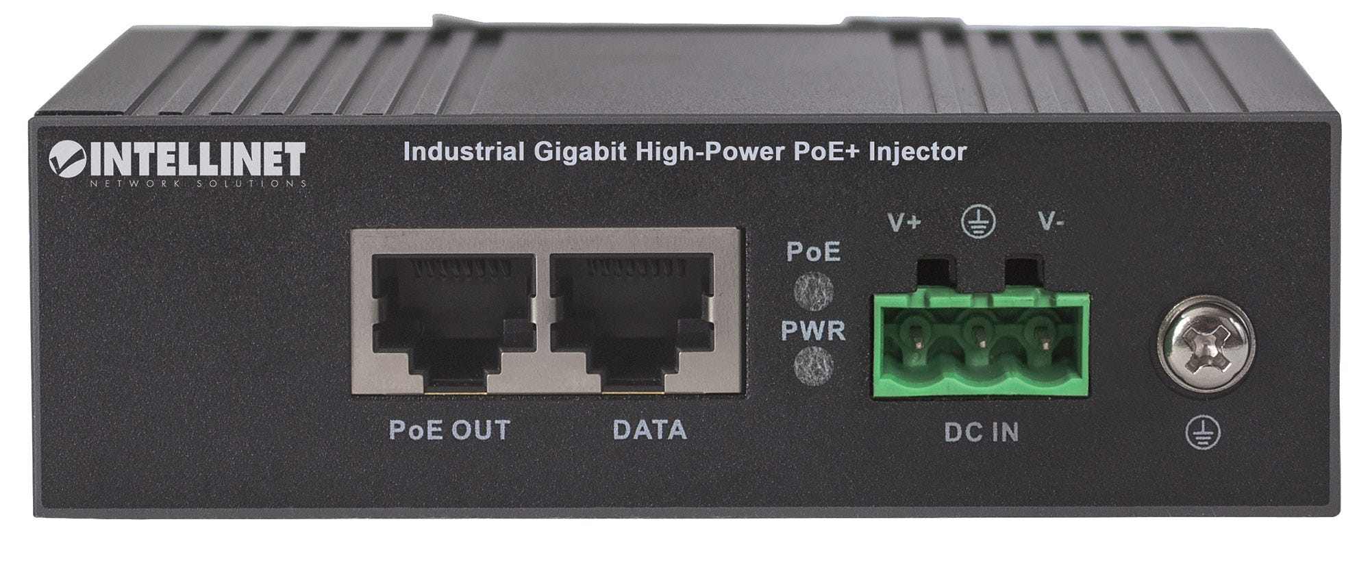 Industrieller Gigabit PoE+ Injektor in einem schwarzen Metallgehäuse mit zwei RJ45-Ports und grünem Stromanschluss.