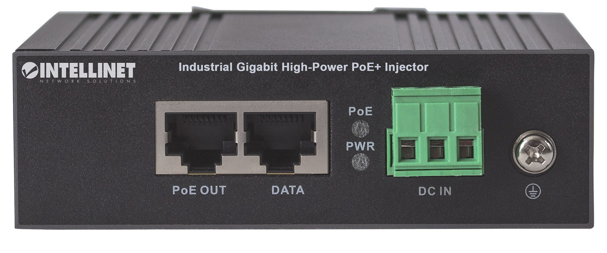 Schwarzer Intellinet Industrial Gigabit High-Power PoE+ Injector mit RJ45-Ports, DC-Eingang und Erdungsschraube.