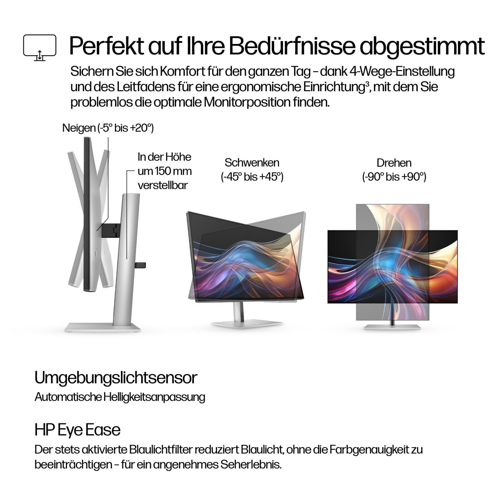 Grafico che mostra le opzioni di regolazione ergonomica del monitor tra cui inclinazione, altezza e rotazione.