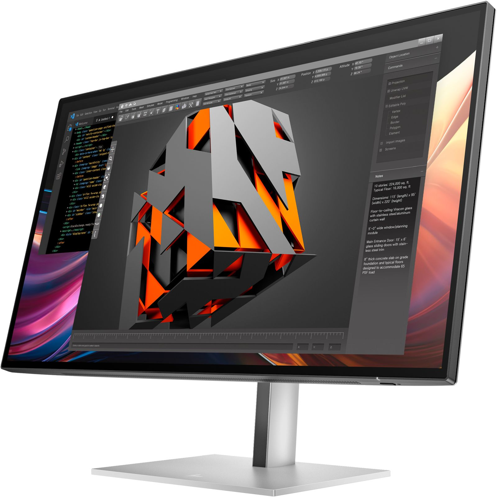 Un monitor di computer mostra un modello 3D con codice e menu.