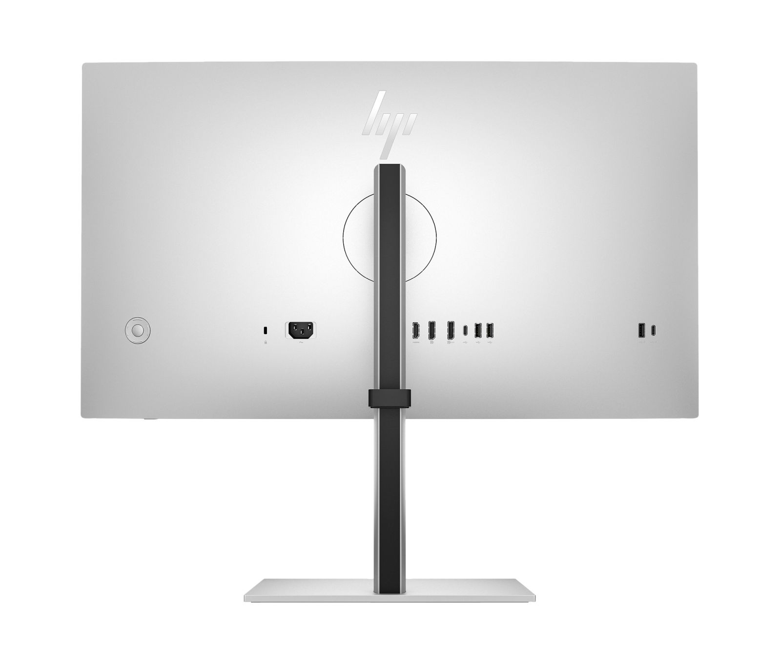 Il retro di un monitor HP argentato con supporto nero e porte visibili.