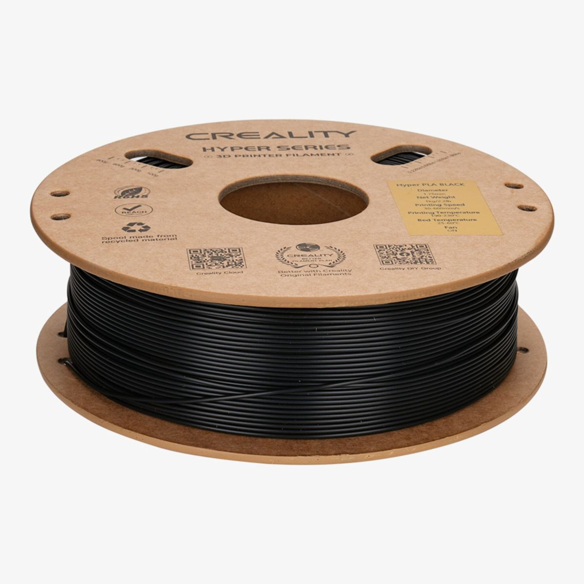 Filamento nero per stampante 3D Creality Hyper Series su bobina di cartone.
