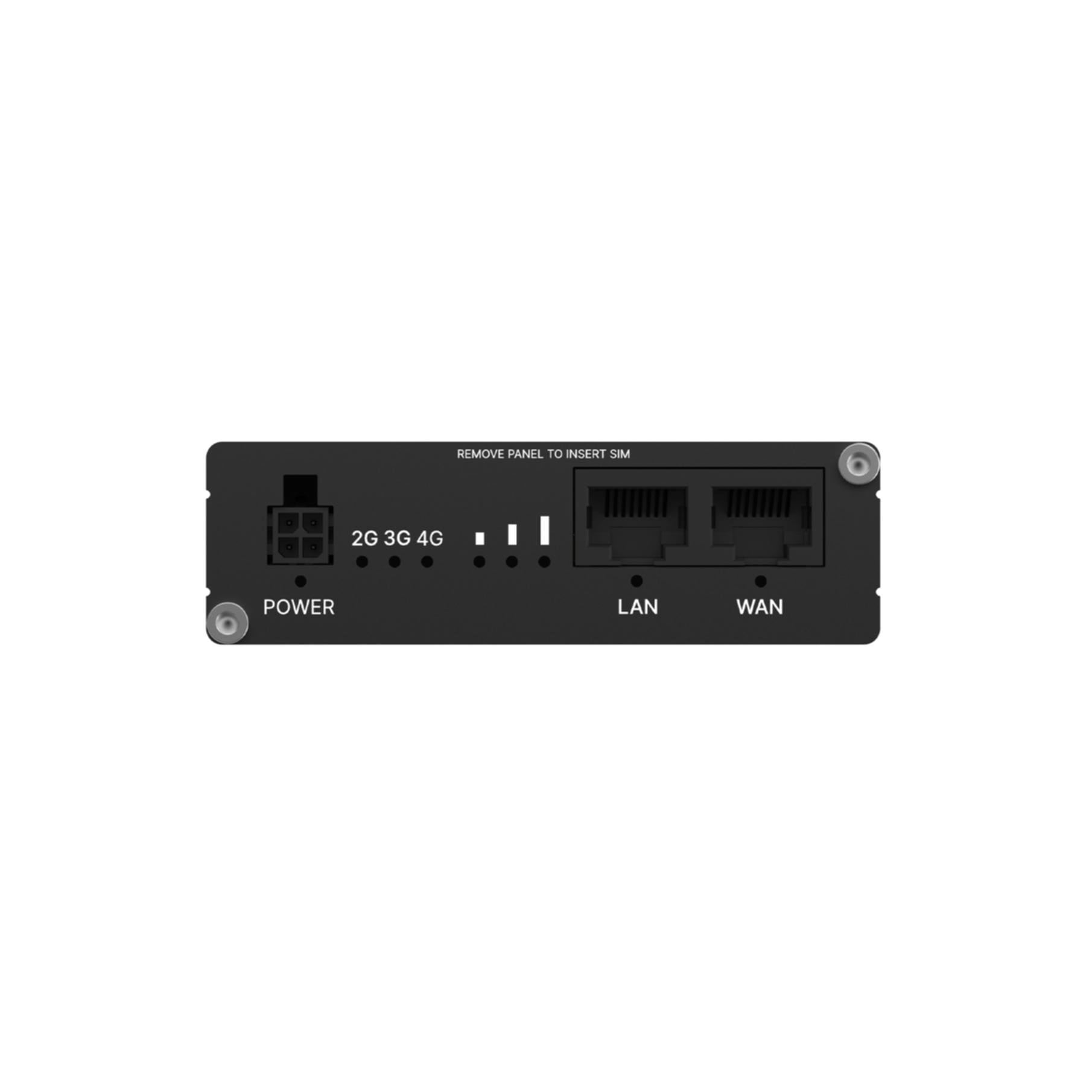 Schwarzes Netzwerkgerät mit Power-Anschluss, SIM-Steckplatz, Signal-LEDs und zwei Ethernet-Ports (LAN/WAN).