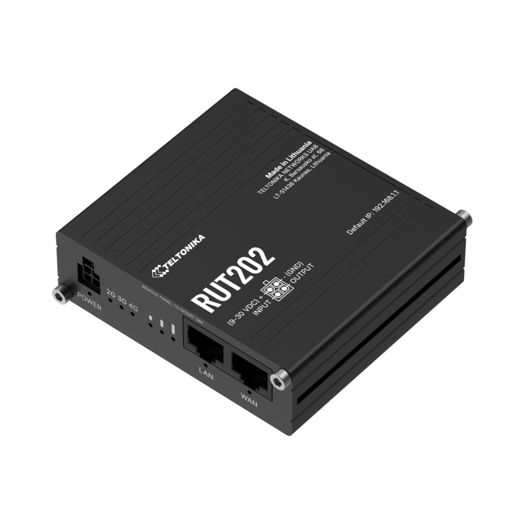 Ein schwarzer Teltonika RUT202 Router mit LAN-, WAN- und Stromeingängen auf einer weißen Oberfläche.