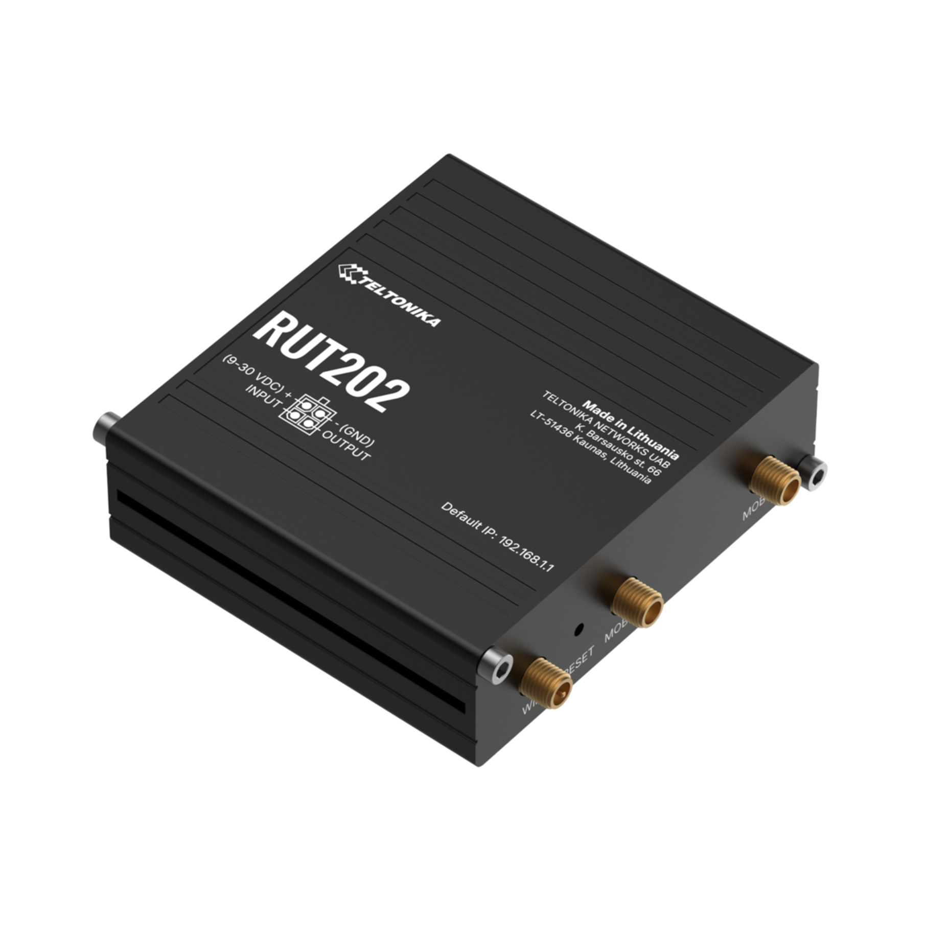 Ein schwarzer Teltonika RUT202 Router mit Anschlüssen auf einer weißen Fläche.
