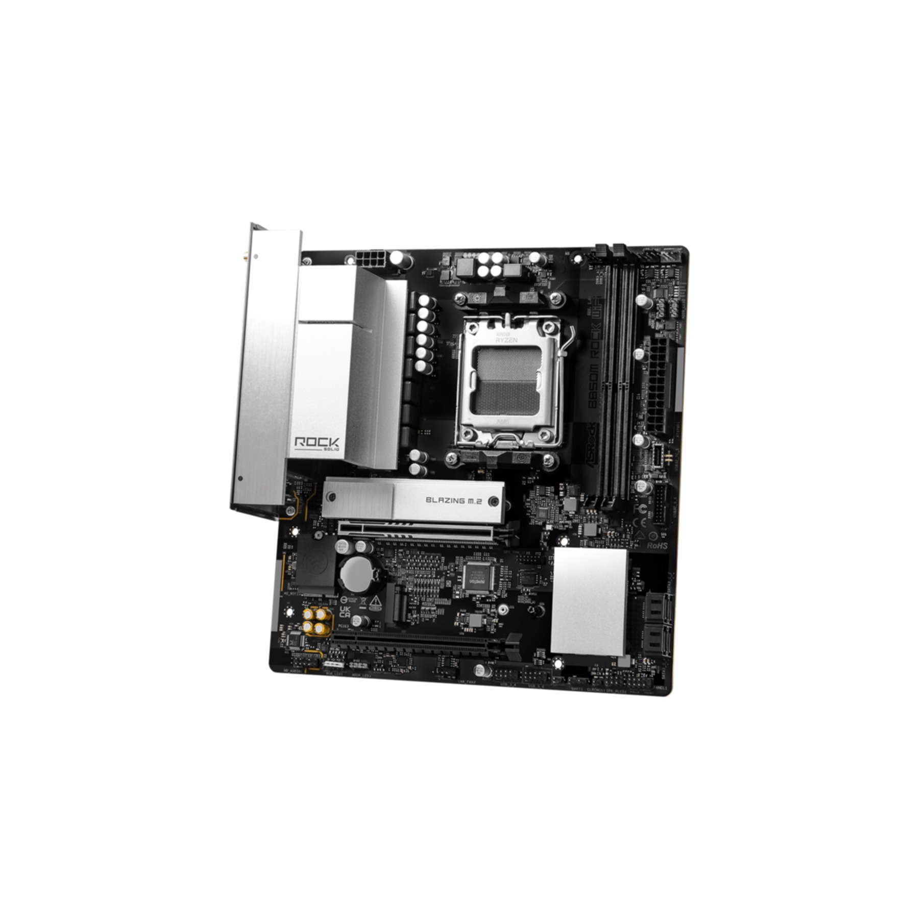 Una scheda madre per computer nera con dissipatori argentati, socket CPU, slot di memoria e componenti elettronici.