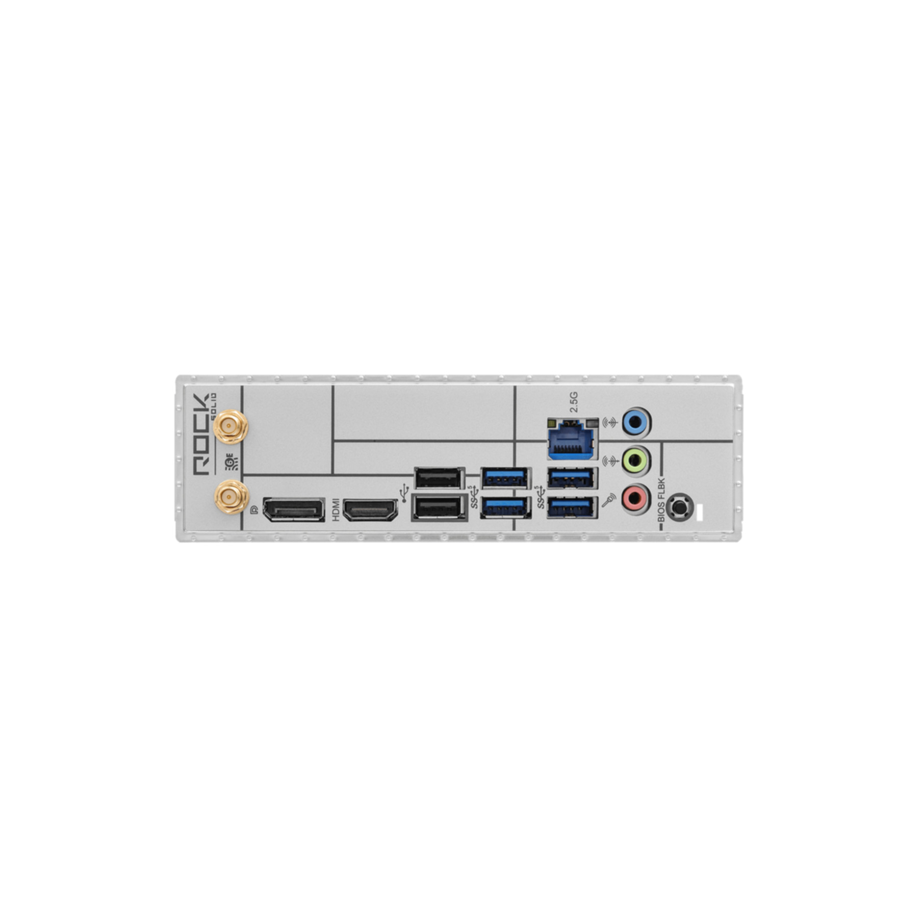 Pannello I/O posteriore di una scheda madre con porte USB, HDMI, DisplayPort e audio.