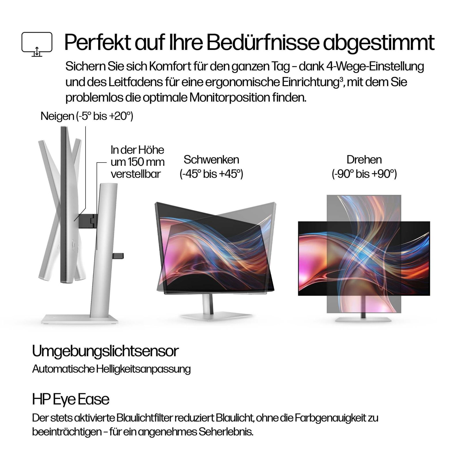 Grafica che mostra le regolazioni ergonomiche del monitor: inclinazione, altezza, rotazione.