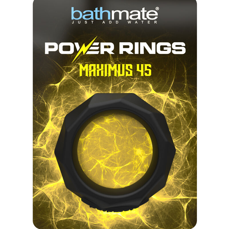 Verpackung für Bathmate Power Rings Maximus 45 mit schwarzem Ring vor gelbem Hintergrund.