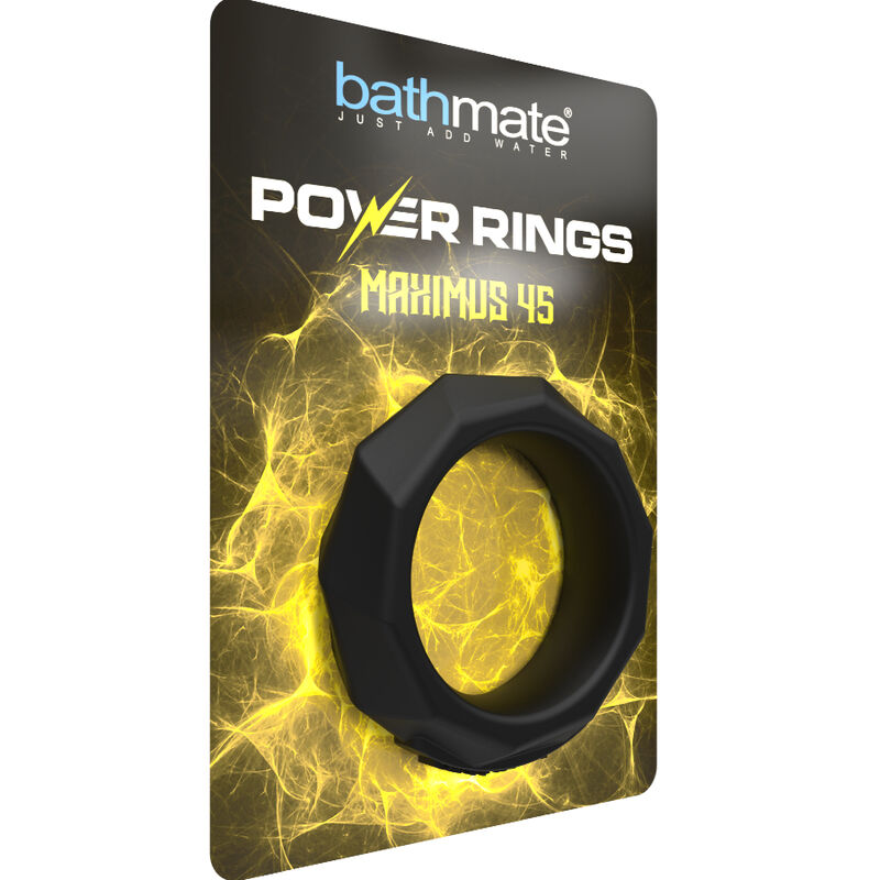 Schwarzer Bathmate Power Ring Maximus 45 in Verpackung mit gelbem elektrischem Hintergrund.