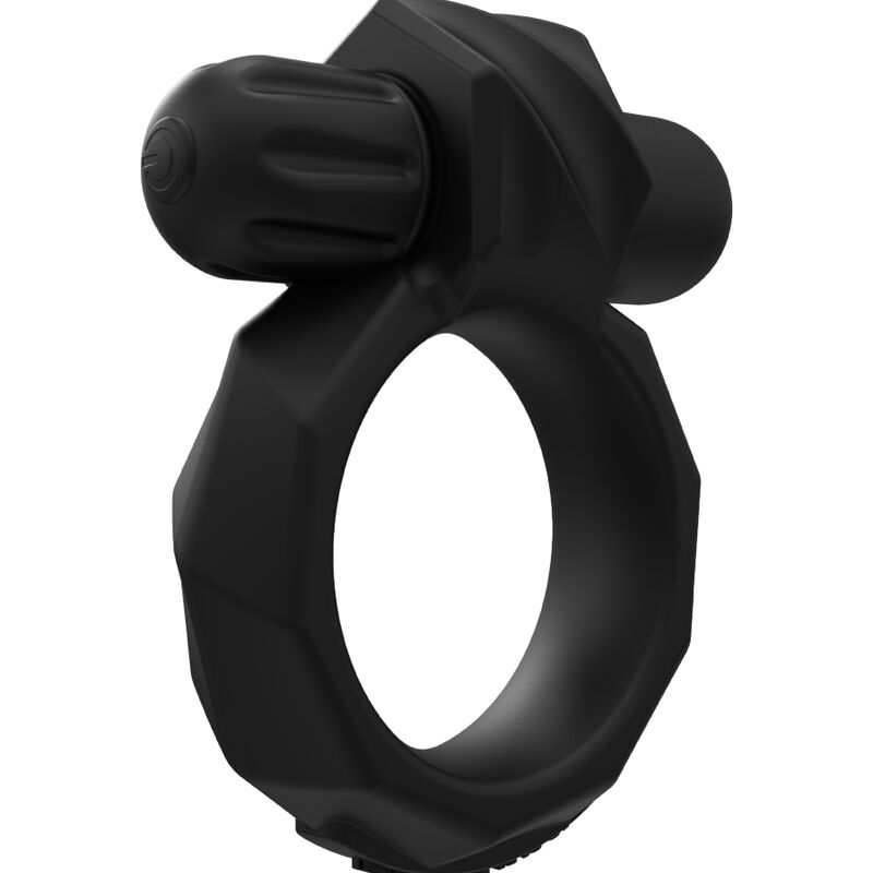 Anillo de silicona negro con perilla de ajuste acanalada y estimulador redondeado.
