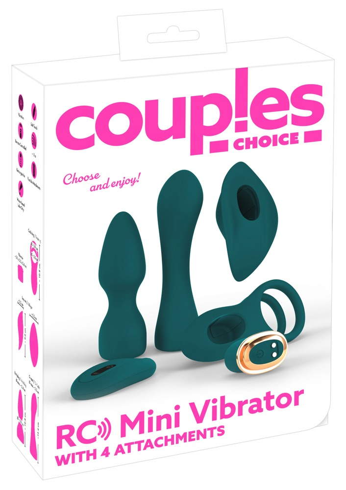 Verpackung eines grünen Mini-Vibrators mit vier Aufsätzen und einer Fernbedienung vor weißem Hintergrund.