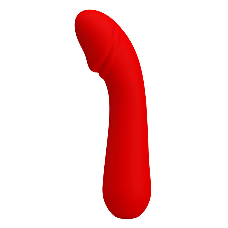 Un juguete sexual de silicona rojo y curvo con una forma de glande texturizada sobre un fondo blanco.
