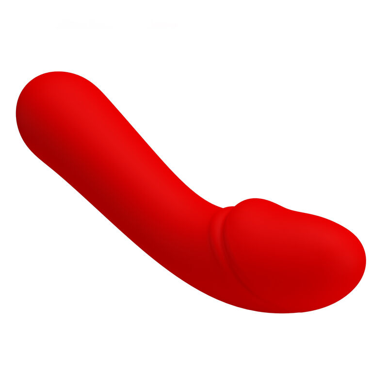 Un juguete sexual rojo y curvo sobre un fondo blanco.