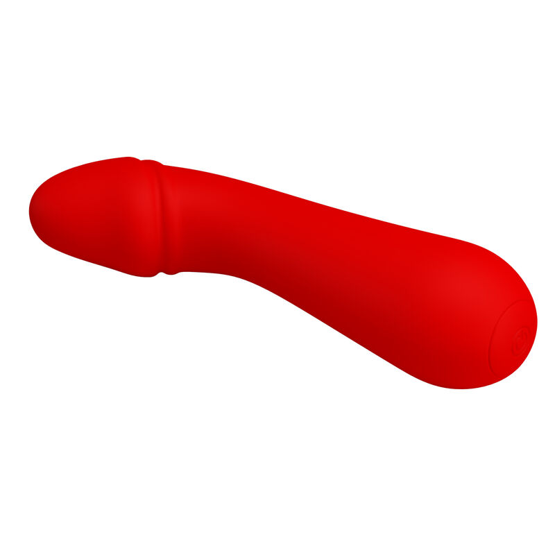 Un juguete para adultos liso, rojo y curvo sobre un fondo blanco.