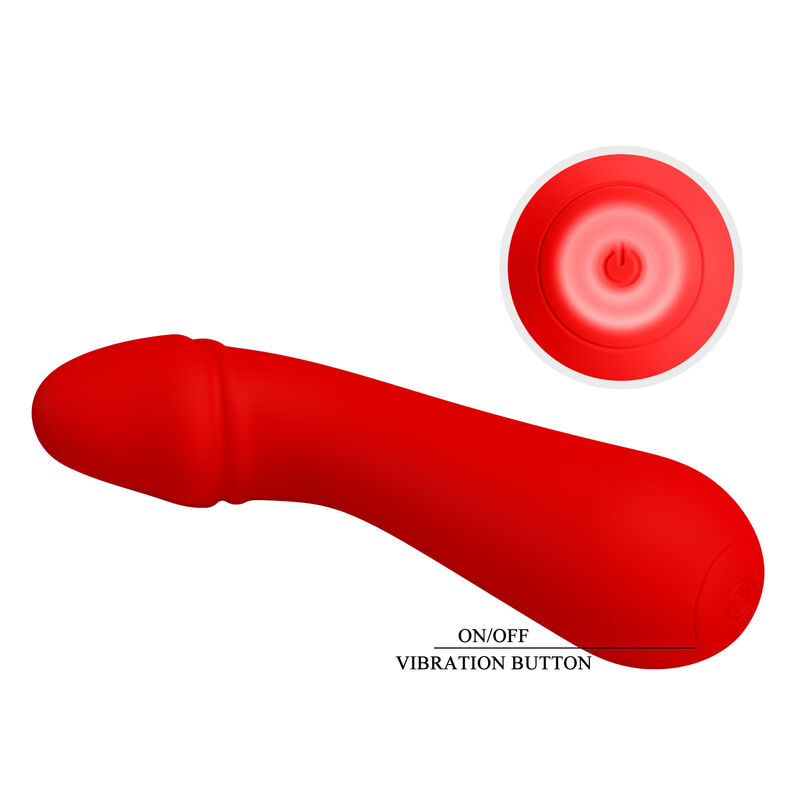 Un juguete sexual rojo y curvo con un botón de encendido y apagado arriba a la derecha.