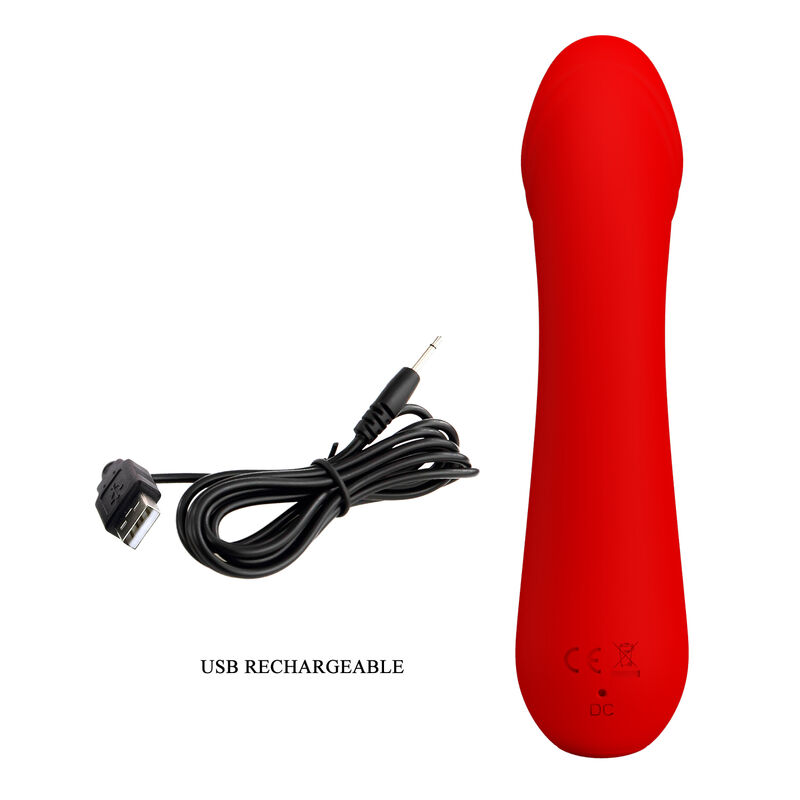 Un vibrador rojo liso y un cable de carga USB negro sobre fondo blanco, con texto USB RECHARGEABLE.
