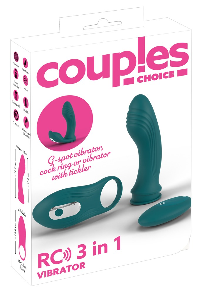 Verpackung des grünen 3-in-1-Vibrators von Couples Choice mit abgebildetem Inhalt.