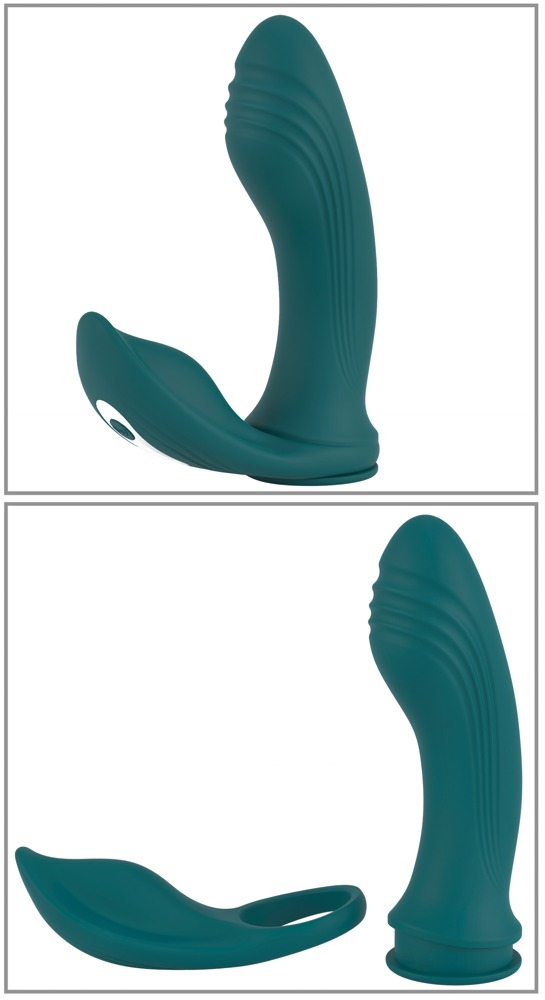 Ein türkisfarbenes, ergonomisch geformtes Silikon-Sexspielzeug mit zwei Teilen, einmal zusammen und einmal getrennt.