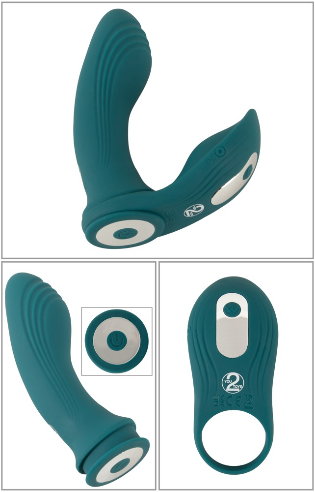 Grünes, ergonomisches Silikon-Sexspielzeug mit silbernen Akzenten und Knöpfen aus verschiedenen Blickwinkeln.