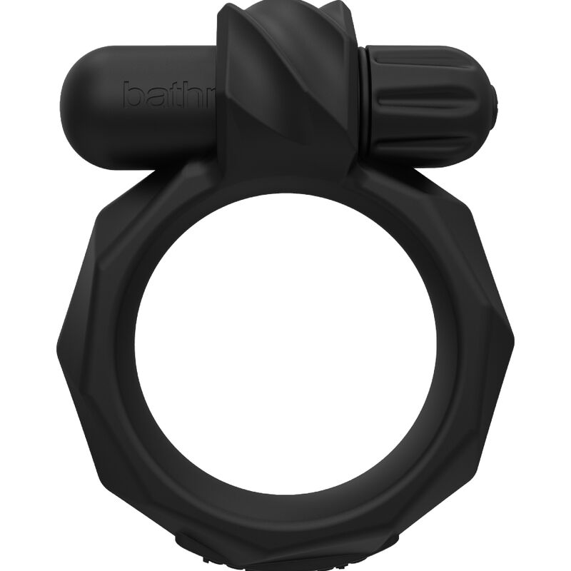 Ein schwarzer Silikon-Cokring mit facettiertem Design und rundem Aufsatz auf weißem Hintergrund.