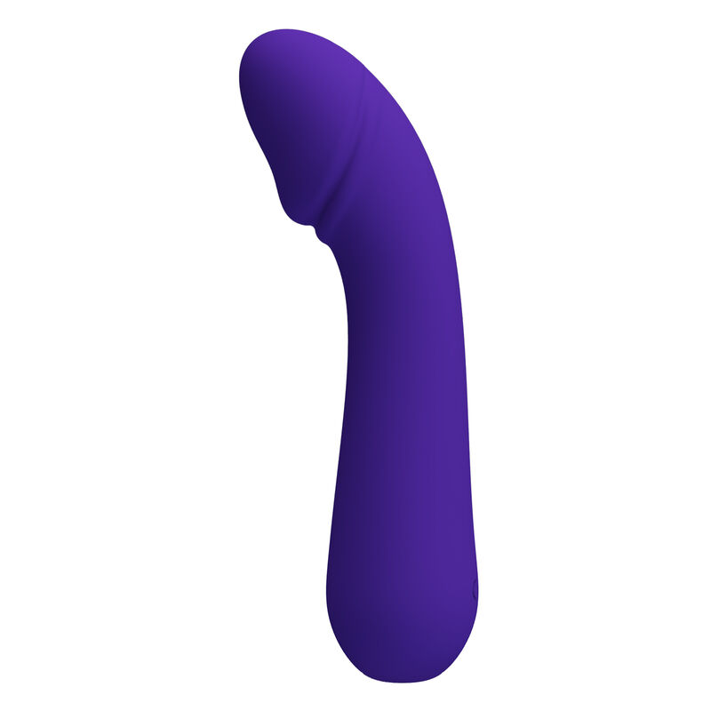 Un dildo de silicona morado y curvado sobre un fondo blanco.