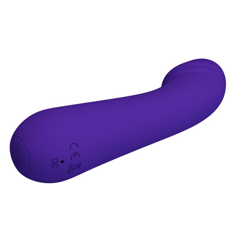 Un dispositivo de bienestar curvo de color morado con cabeza redondeada sobre fondo blanco.