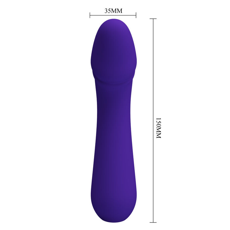 Dildo lila y liso con dimensiones de 35 mm de ancho y 150 mm de largo sobre un fondo blanco.