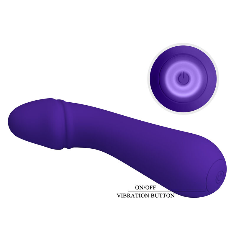 Un dispositivo de bienestar vibratorio morado con un botón de encendido/apagado sobre fondo blanco.