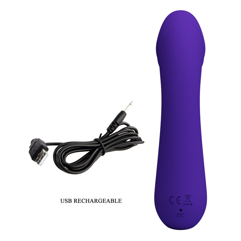 Un vibrador lila y suave con cable de carga USB sobre fondo blanco.