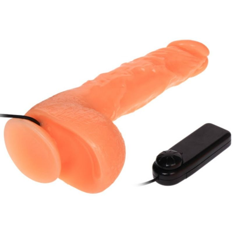 Un juguete sexual naranja con base de ventosa y un control remoto negro sobre fondo blanco.