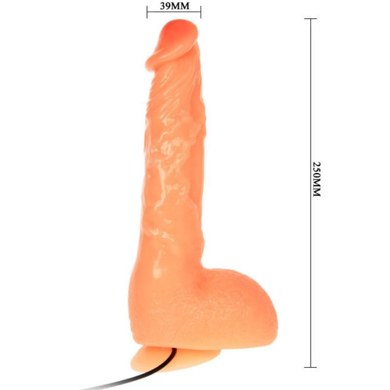 Un dildo naranja y realista con base de ventosa sobre fondo blanco, mostrando dimensiones de 39 mm y 250 mm.