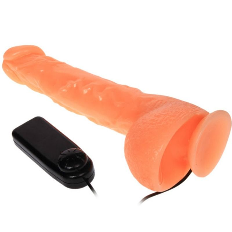 Un juguete para adultos naranja con base de succión y un control negro conectado sobre fondo blanco.
