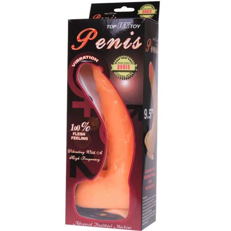 Embalaje para un juguete sexual naranja con etiquetas de texto y ventana de plástico transparente.